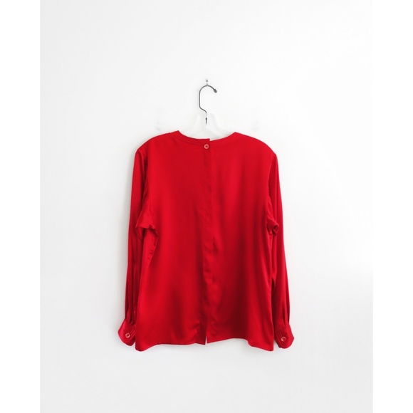 Vintage 80s Red Silk Satin Long Sleeve Top sz 6 - Picture 2 of 5